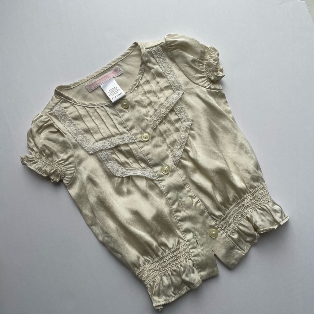 Janie and Jack -silk Cream Lace Trim Short Sleeve Blouse- 3-6 months